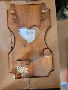 Hand-Painted Brown Wooden Wall Hook Panel with Heart Cutout